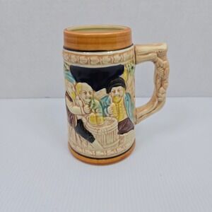 Vintage Ceramic Beer Stein‎ Tavern Scene Relief Mug Japan German Text Brown 5in